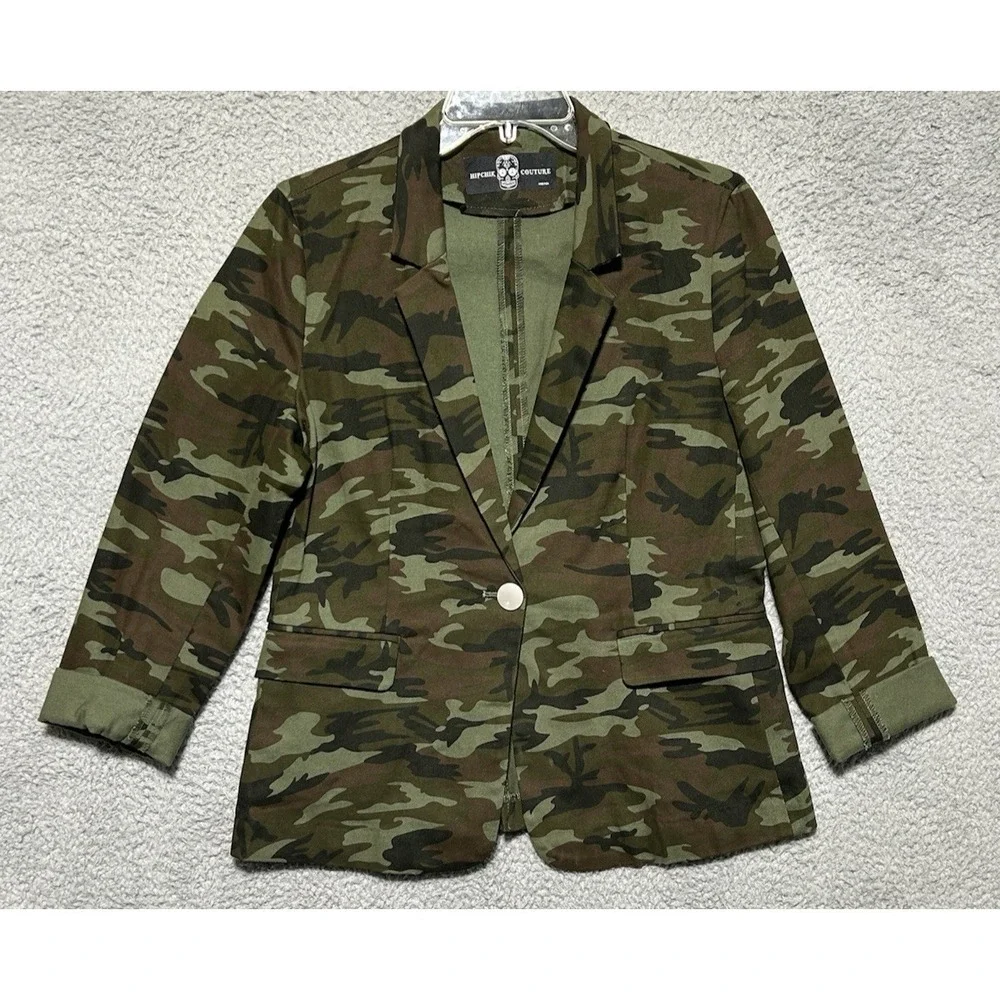 Hipchik Couture Jacket Womens 6 Green Camo Big‎ Skull Embellished Crystal Blazer